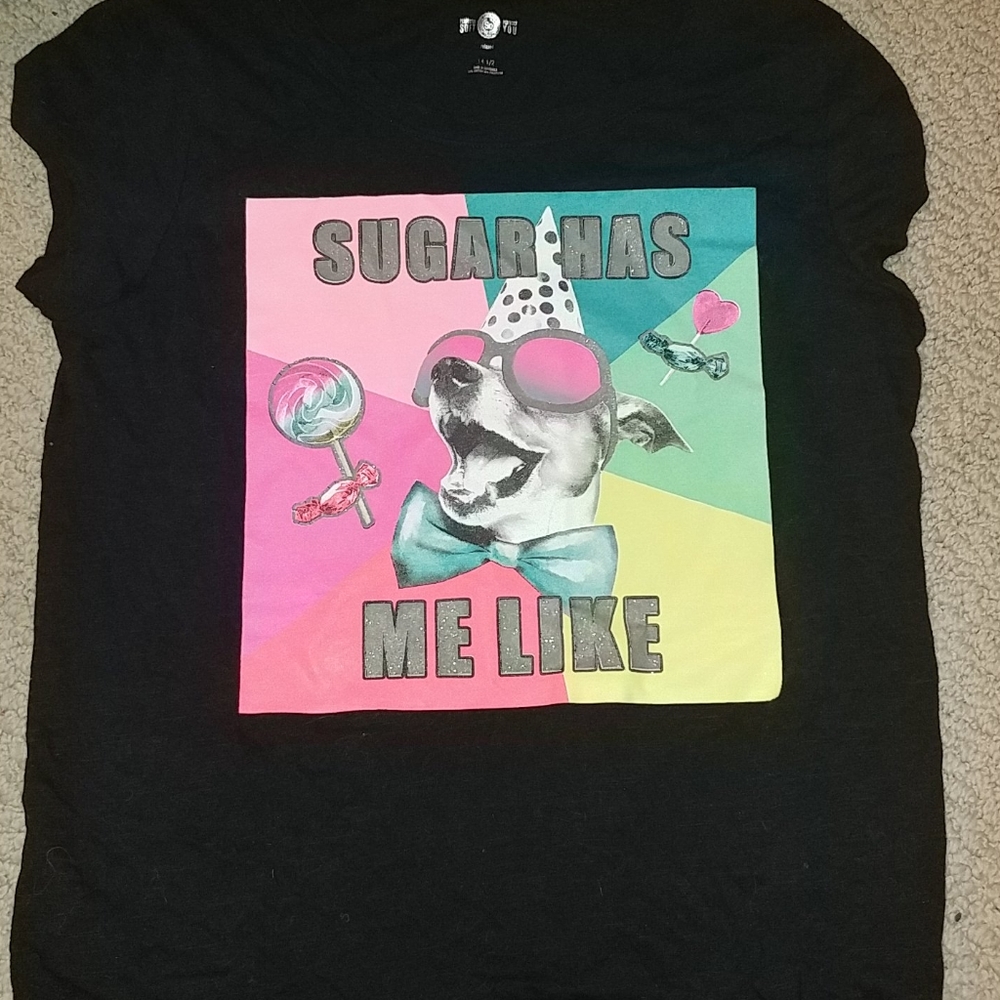 Girls black graphic tee sugar has me like 14 1/2